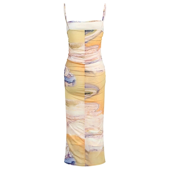 NWT Commense Yellow Purple Marble Tie-Dye Mesh Ruched Bodycon Midi Dress - Picture 4 of 9